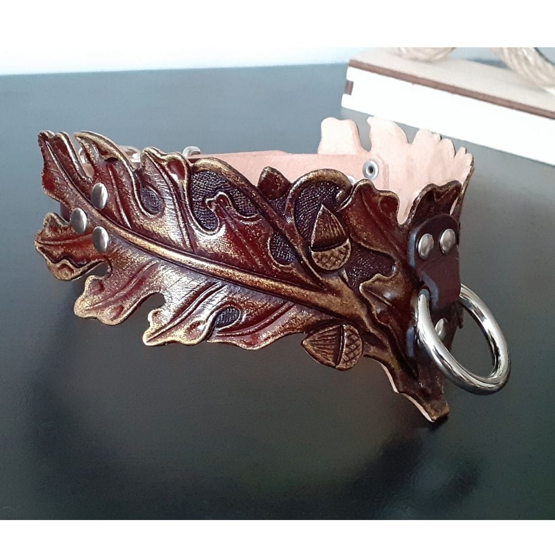 wide brown leather collar oak leaves