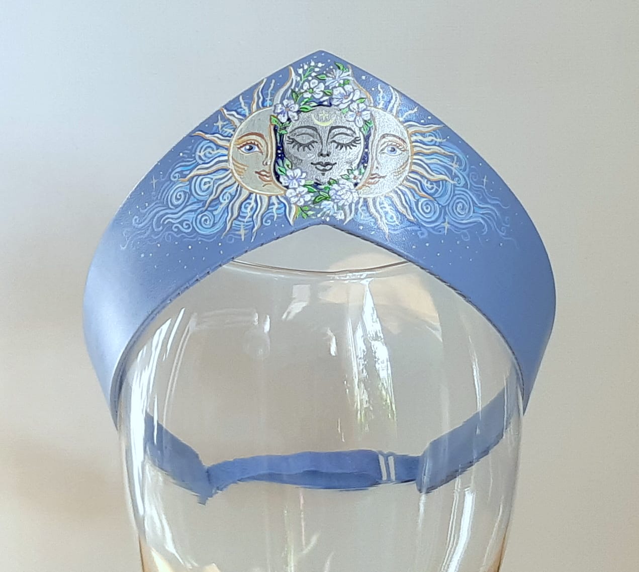 Wedding decoration on the head. Kokoshnik is a modern design. Light blue