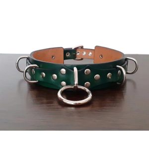 Premium green leather bondage collar for submissive