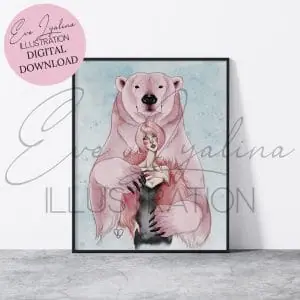 Digital download illustration. Illustration of a pink-haired girl in a pink faux fur coat with a pink polar bear.