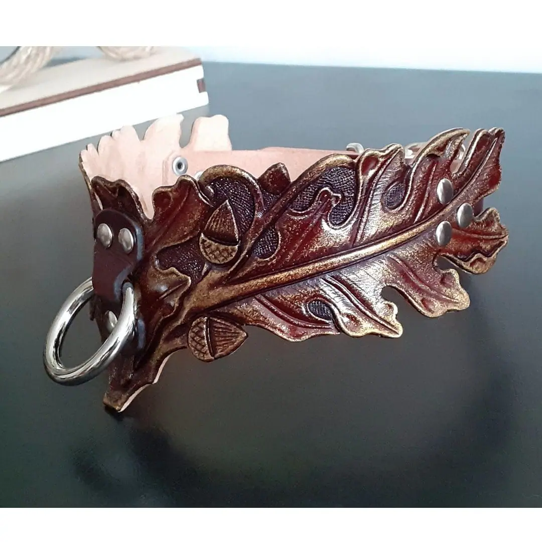 Personalized gift for sub Leather BDSM day collar oak leaves