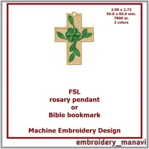 Machine Embroidery Design FSL Pendant Cross with Leaf Flower