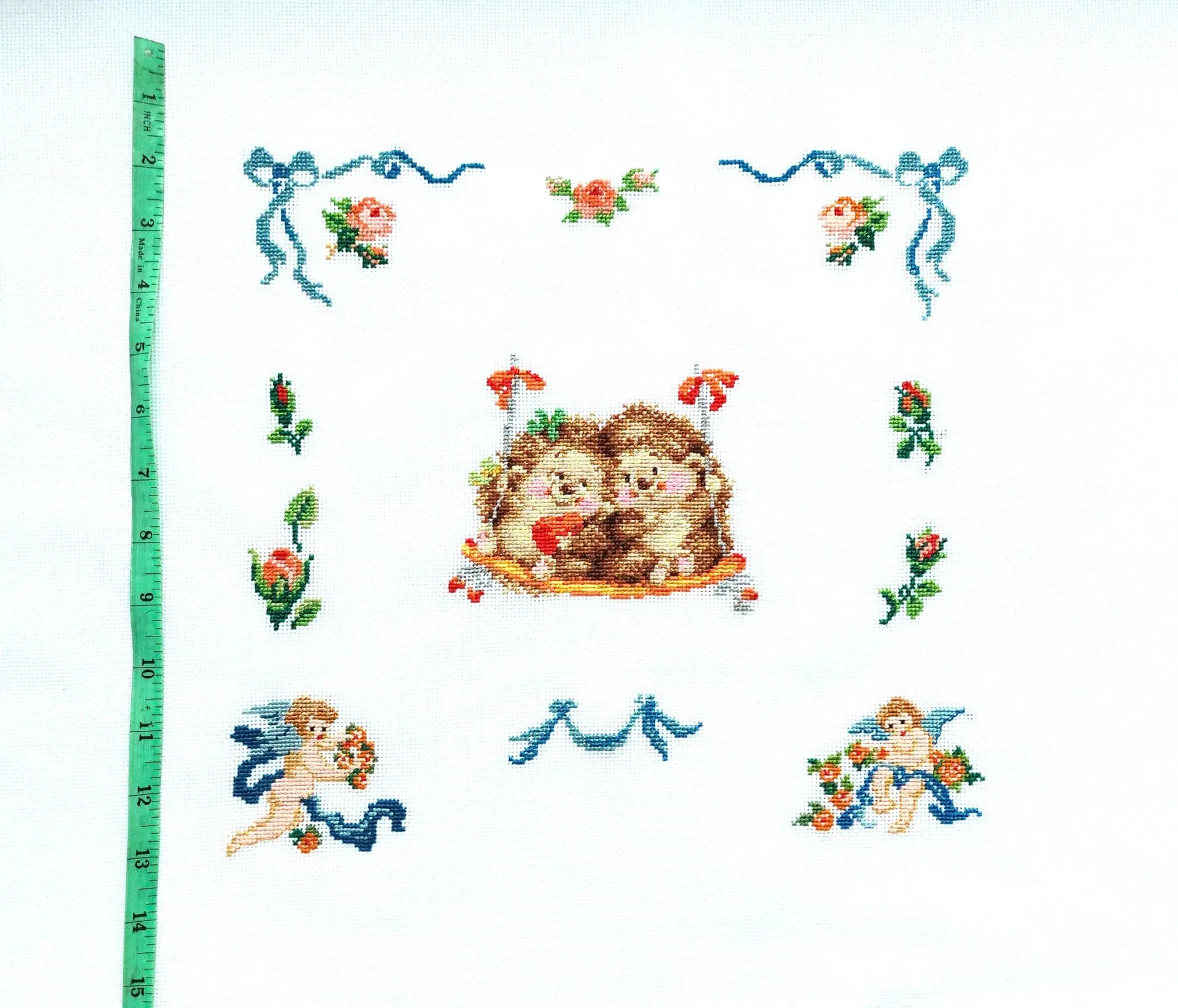 Handcrafted Cross Stitch Hedgehogs with Angels: Perfect Nursery Decor & Pillowcase