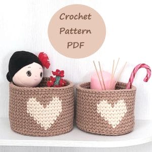 DIY tutorial crochet baskets with hearts S L M sizes