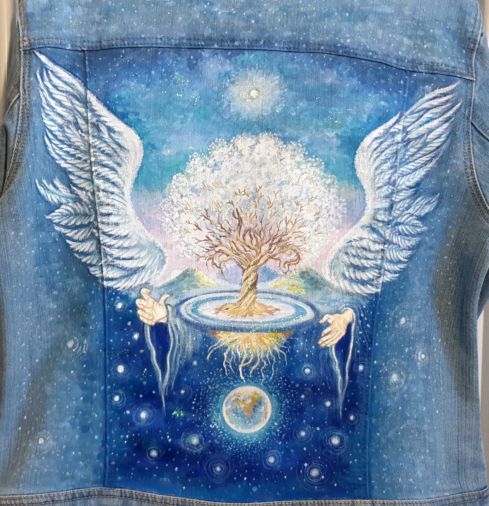 women denim jacket hand painted painted jean clothesdesigner drawing angel protecting the tree of life 3