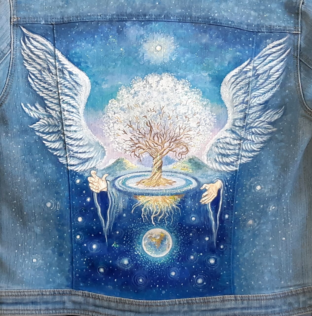 women denim jacket hand painted painted jean clothesdesigner drawing angel protecting the tree of life 7