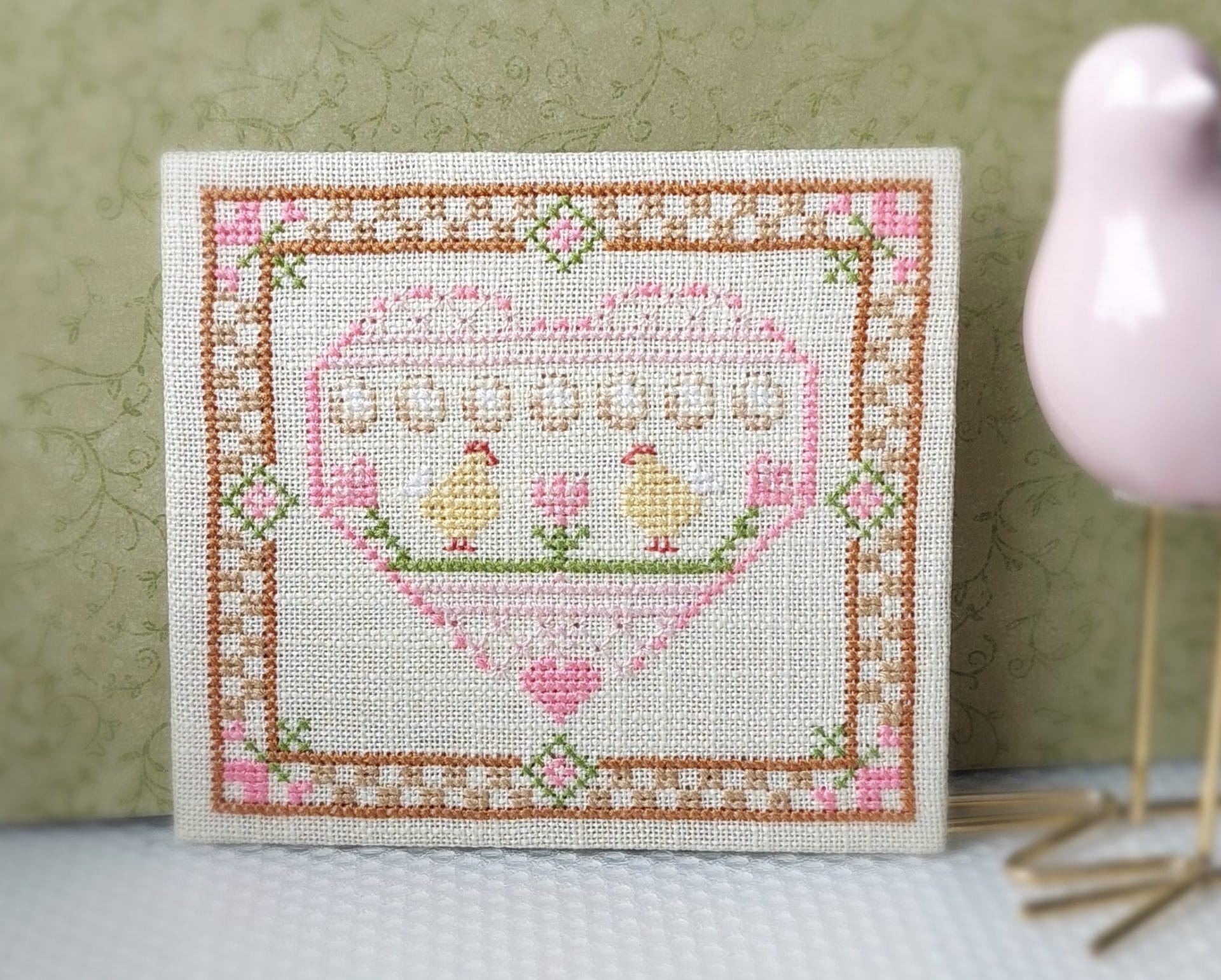 Easter Heart cross stitch pattern, Primitive Sampler 7 Easter cross stitch of cute chickens