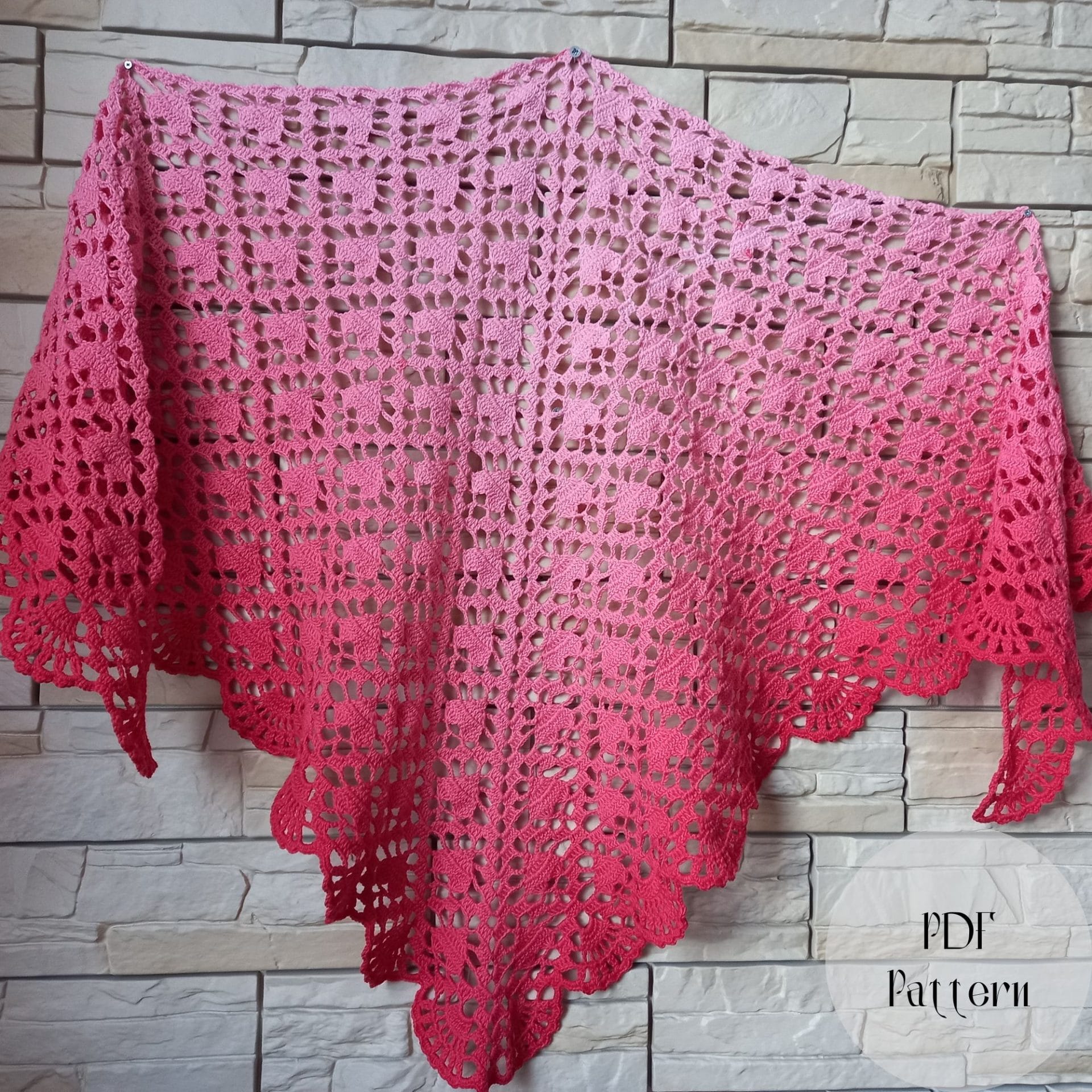 Crocheted cotton pink shawl with hearts