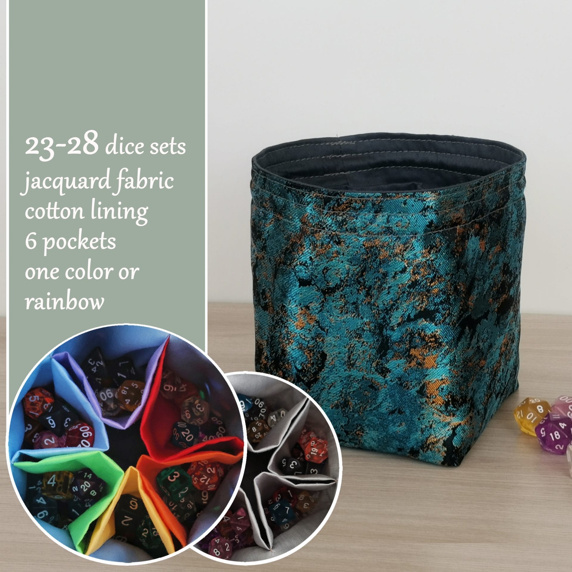 Large dice bag with pockets Teal and gold jacquard