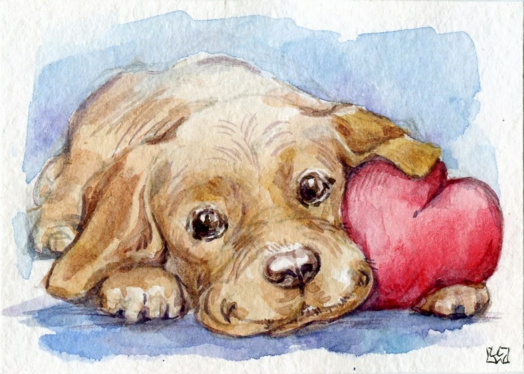 ACEO Original Painting Sweet Puppy With Heart