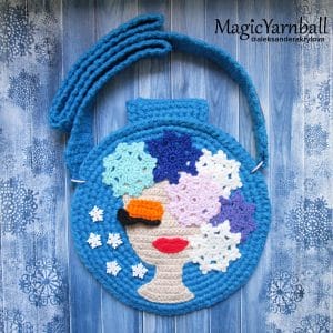 Winter blue round shoulder bag, crochet snowflake, pattern, format PDF, magicyarnall