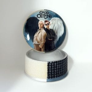 decor with characters from the TV series "Good omens" Round box in black and white.