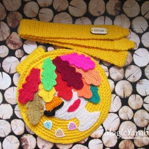 Autumn Bag pattern PDF, crochet leaves, yellow round shoulder bag, exclusive designs, magicyarnball