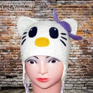 Free crochet ear white cat hat, pattern format PDF, for children, magicyarnball