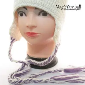 Free crochet ear white cat hat, pattern format PDF, for children, magicyarnball