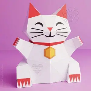 Paper Maneki Neko Cat, 3D Papercraft, PDF template (c) hobbymo.com