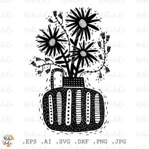 Flowers in Vase Svg Cricut Clipart Png Linocut