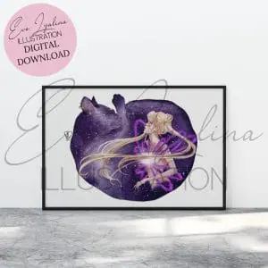 Digital download illustration. Digital watercolor illustration of Sailor Moon an her cat Luna