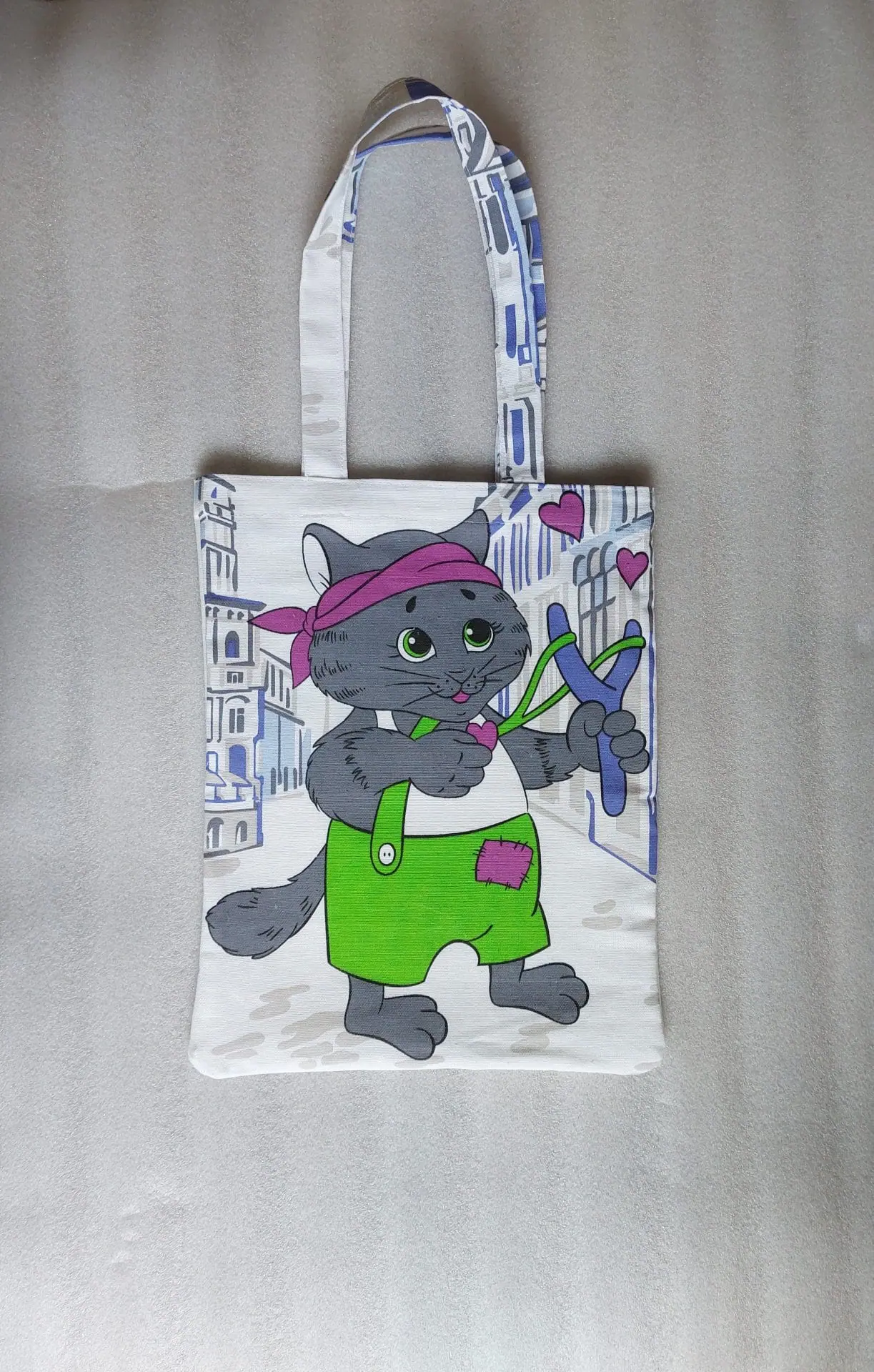 Strong reusable beige tote bag, cotton canvas bag with cats