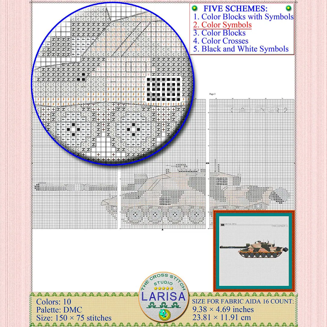 Challenger 2 Cross Stitch Pattern | Main Battle Tank Challenger 2 7 Embroidery chart showcasing 2nd Royal Tank Regiment tank