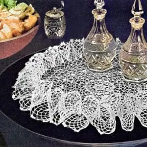 Pattern Irish rose ruffle doily, crochet vintage doily pattern, home decor lace on the table.