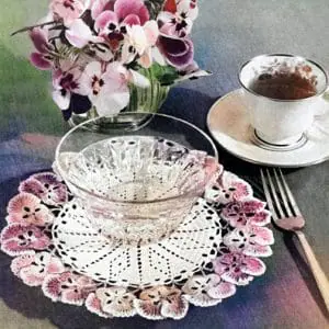 Vintage Pansy Doily, crochet lace pattern, home decor lace napkin.