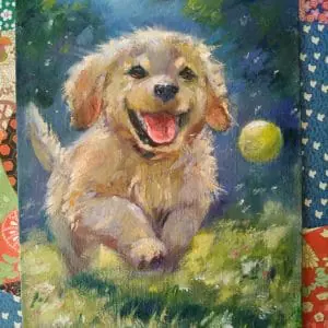 Excited Bouncing Puppy Original Oil Painting 9.3 x 7 in