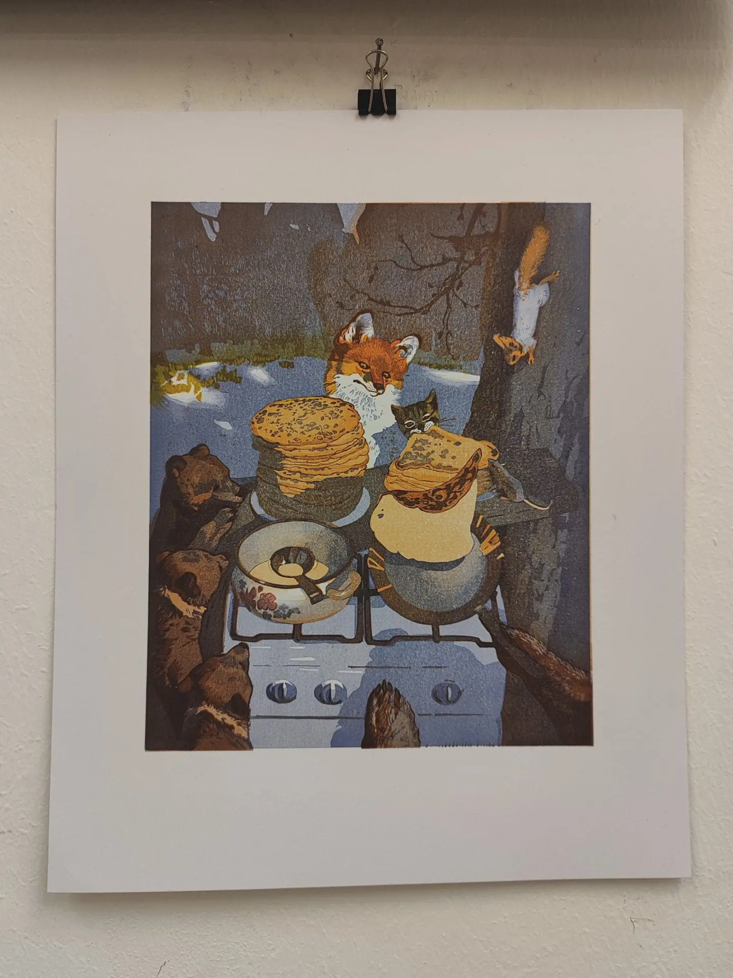 Original linocut “Pancake Lovers”