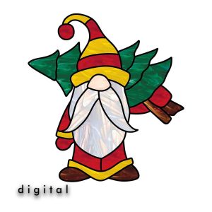 Gnome with a christmas tree stained glass gnome