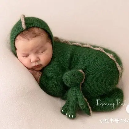 Dinosaur newborn bonnet and stuffed toy. Newbornn photo props.
