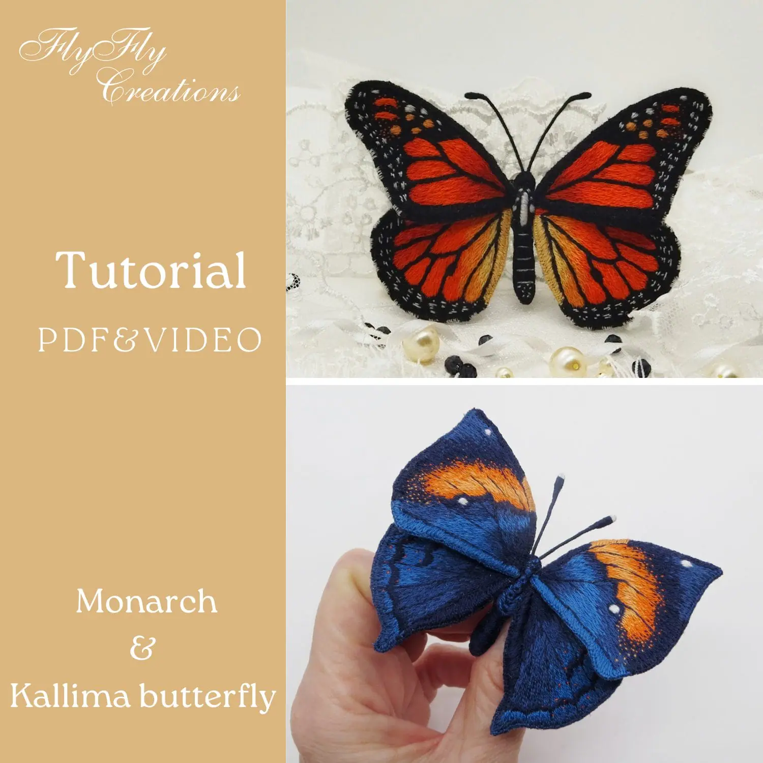 2 PDF Monarch and Kallima butterflies Hand embroidery