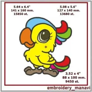 Applique Bright Parrot Machine Embroidery Design For baby in 3 sizes
