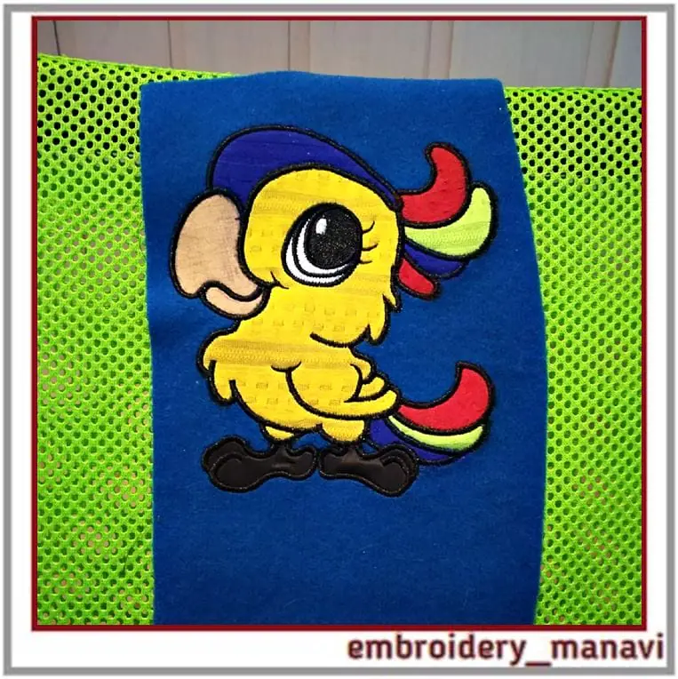 Applique Bright Parrot Machine Embroidery Design For baby in 3 sizes