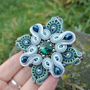 Green brooch, Beaded brooch, Soutache Embroidered brooch