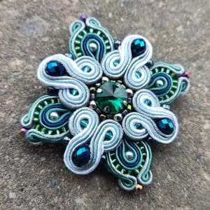 Green brooch, Beaded brooch, Soutache Embroidered brooch