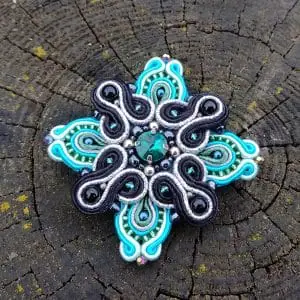 Blue turquoise brooch, Beaded brooch, Embroidered brooch