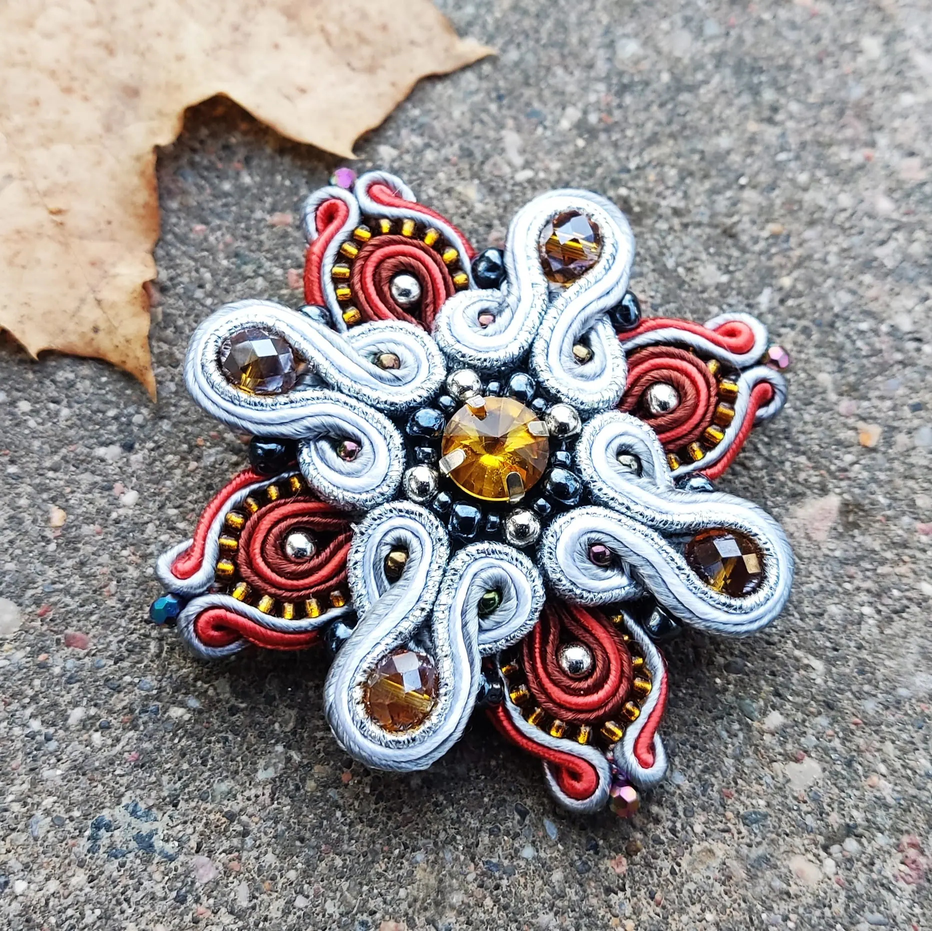 Orange brooch, Gold Beaded brooch, Soutache Embroidered brooch 2 Orange brooch, Gold Beaded brooch, Soutache Embroidered brooch - Image 2