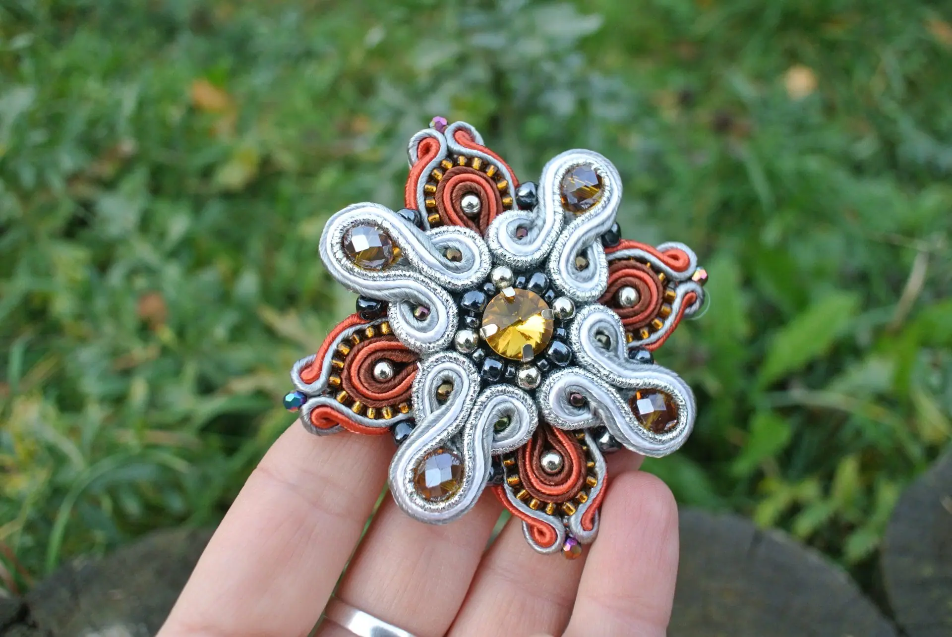 Orange brooch, Gold Beaded brooch, Soutache Embroidered brooch 5 Orange brooch, Gold Beaded brooch, Soutache Embroidered brooch - Image 5