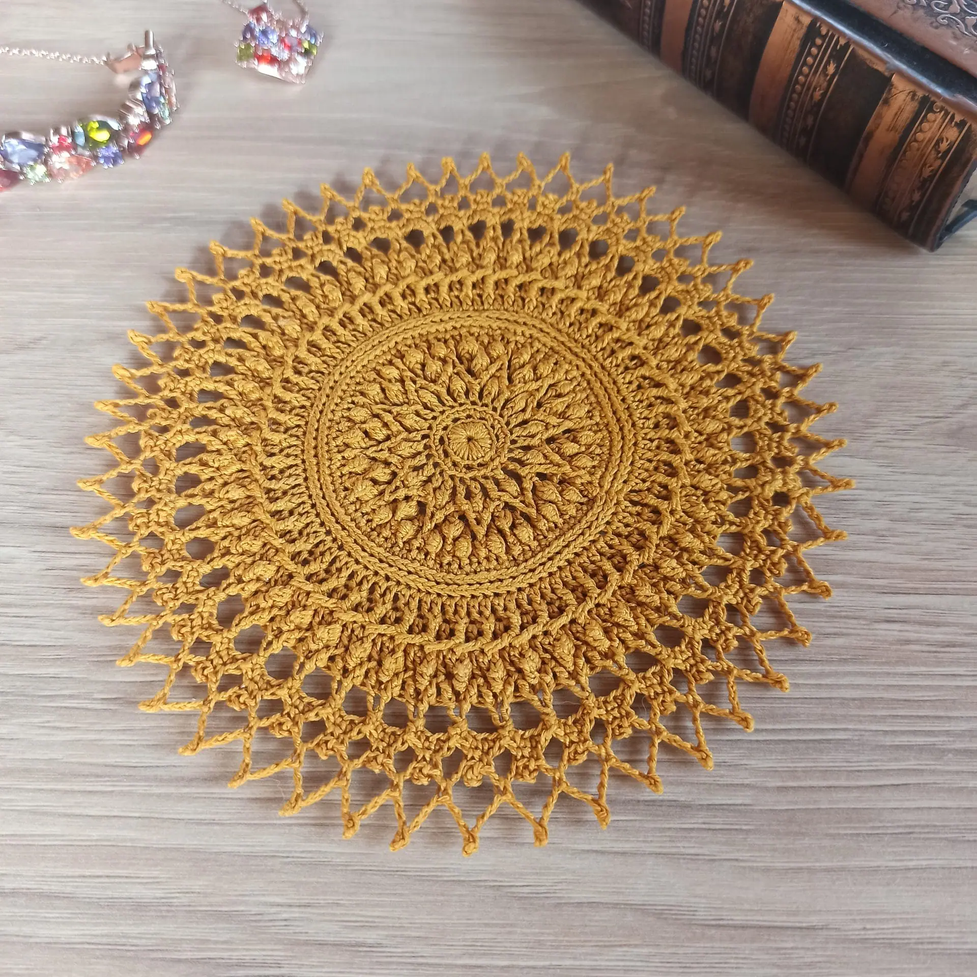 Relief textured doily Tesla, mustard (golden) color, 100% cotton
