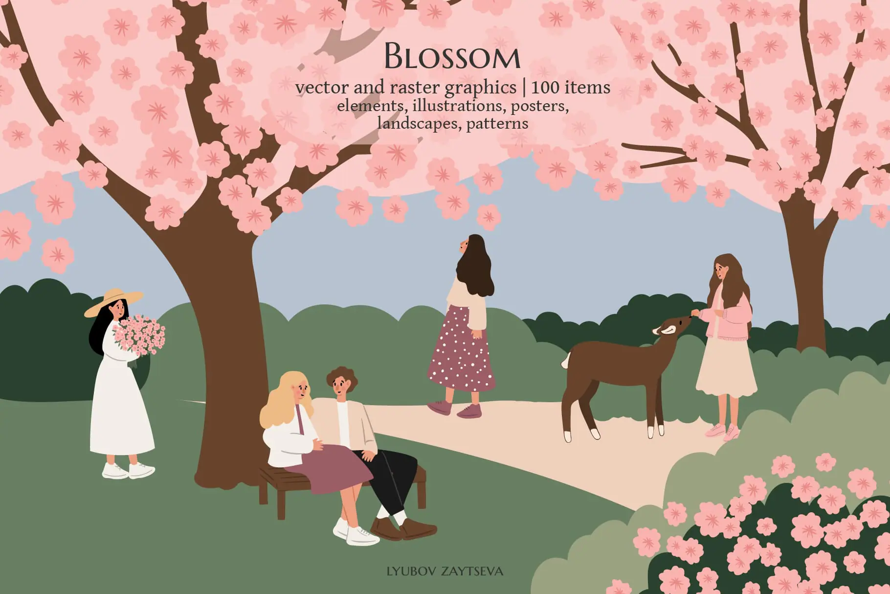 Women in blooming nature scenes illustration clipart