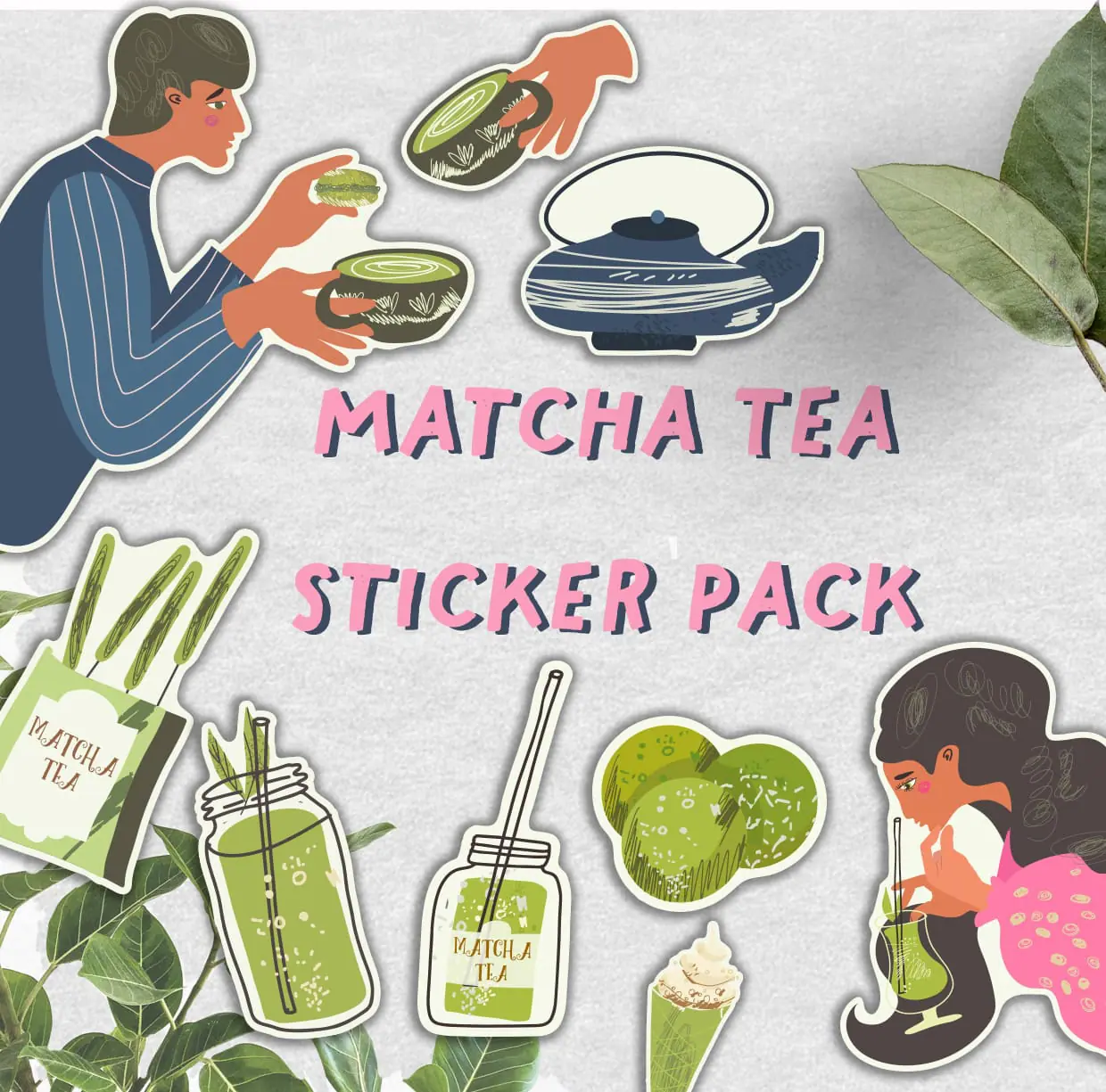 Matcha Tea sticker pack, vector set, people characters, latte