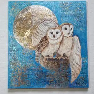 acrylic painting on canvas Ssunny owls . Elements of three-dimensional decor and golden patina . Medium size