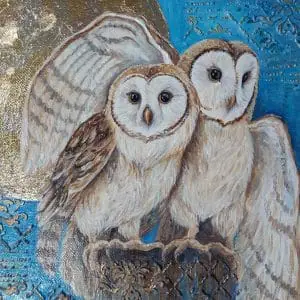 acrylic painting on canvas Ssunny owls . Elements of three-dimensional decor and golden patina . Medium size