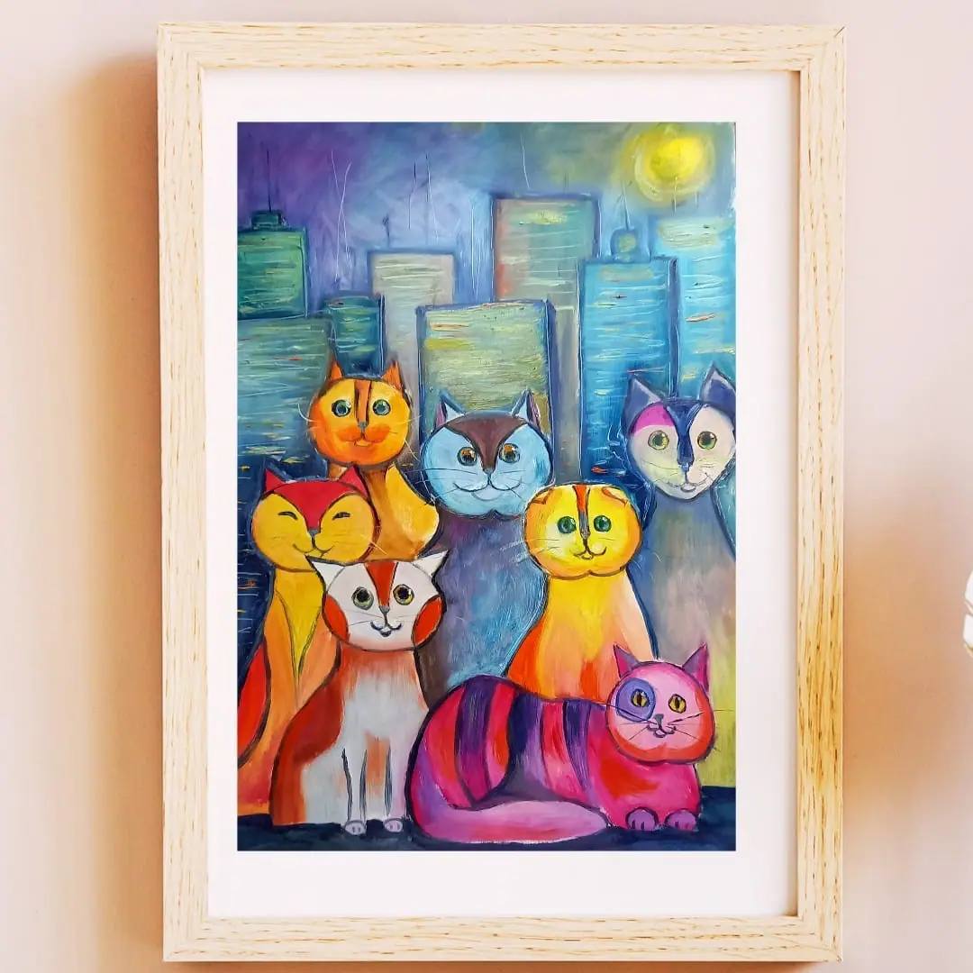 Cat naive art oil painting 16*23″ by Yalozik