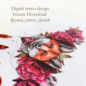 Fox Tattoo Design for Woman Peony Flowers And Fox Tattoo Idea