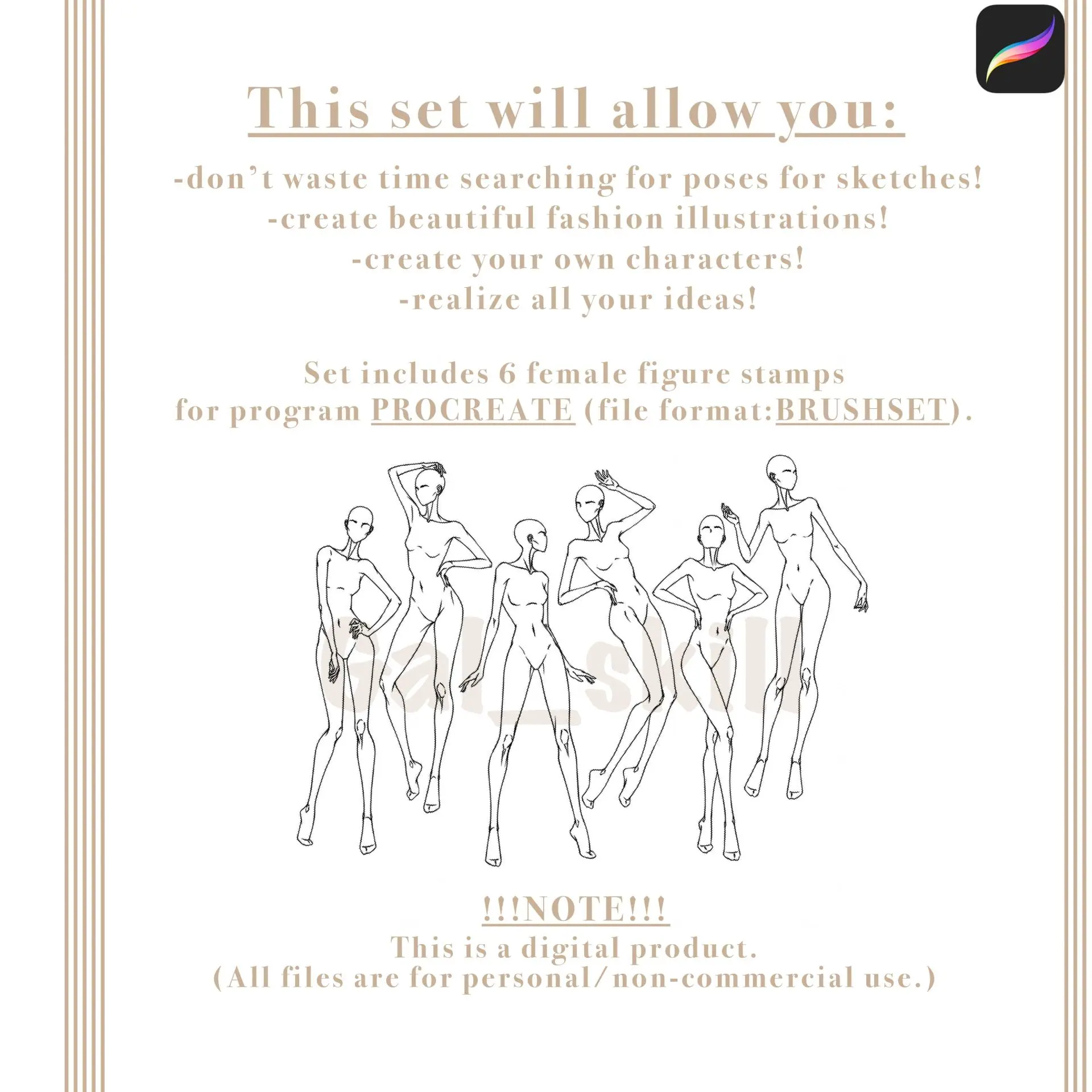 Procreate brush, Body poses of female figure, set Fashion 2 3 Procreate stamp brush for design, set female figure Fashion 2