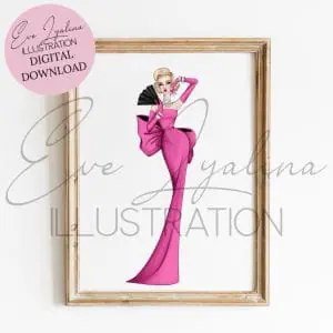 Fashion illustration of Marilyn Monroe in the pink dress from the movie "Gentlemen Prefer Blondes". Instant digital download