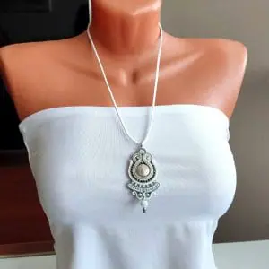 White Necklace, Boho Ethnic Mandala Necklace, Soutache pendant