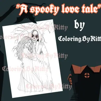 A digital coloring page "A spooky love tale"
