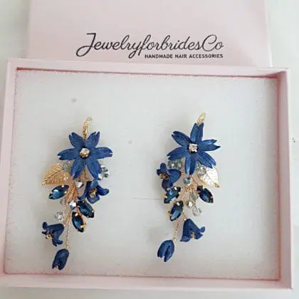 Dark blue floral earrings Navy blue rhinestone dangle earrings